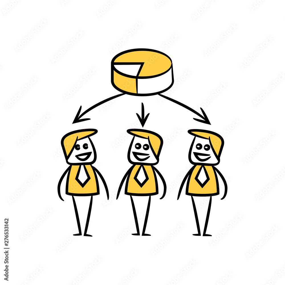 business people team and pie chart in yellow doodle stick figure