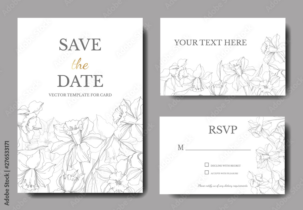 Vector Narcissus floral botanical flower. Gray engraved ink art. Wedding background card floral decorative border.