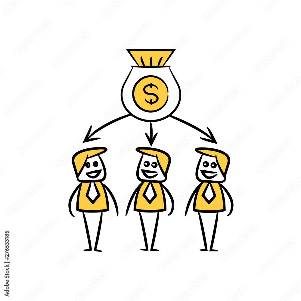 business people team and money sack in yellow doodle stick figure