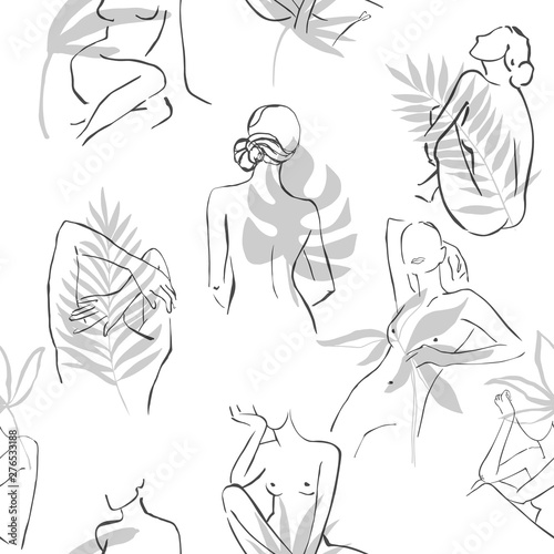Abstract women's silhouette minimalist line and tropical palm leaves. Aesthetic contour. Sketch.The seamless patterns are absolutely perfect for packaging, textiles or tissue paper, cover, fabric.