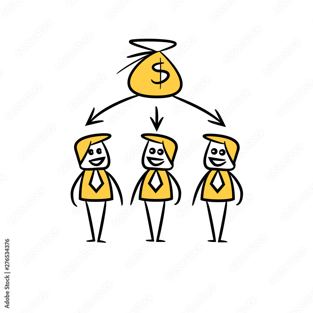 business people team and sharing income money sack in yellow doodle stick figure