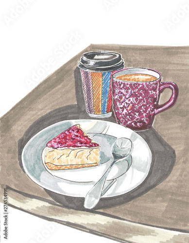 paper cup with a lid, a purple cup of coffee and a piece of cheesecake on a plate with a spoon on a dark table