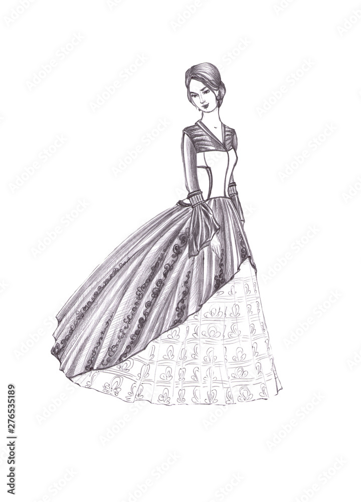 Fototapeta premium lady in a luxurious vintage dress painted by black pen on a white background
