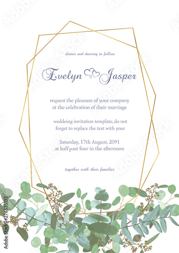 Greeting festive flyer, holiday card, vector. Elegant floral, greenery, semicircle collection. Bouquet of eucalyptus spiral, populus, robusta. Background grid with gold lines. Vertical
