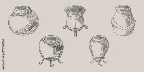 Set of calabash for yerba mate drink. Mate tea engraving
