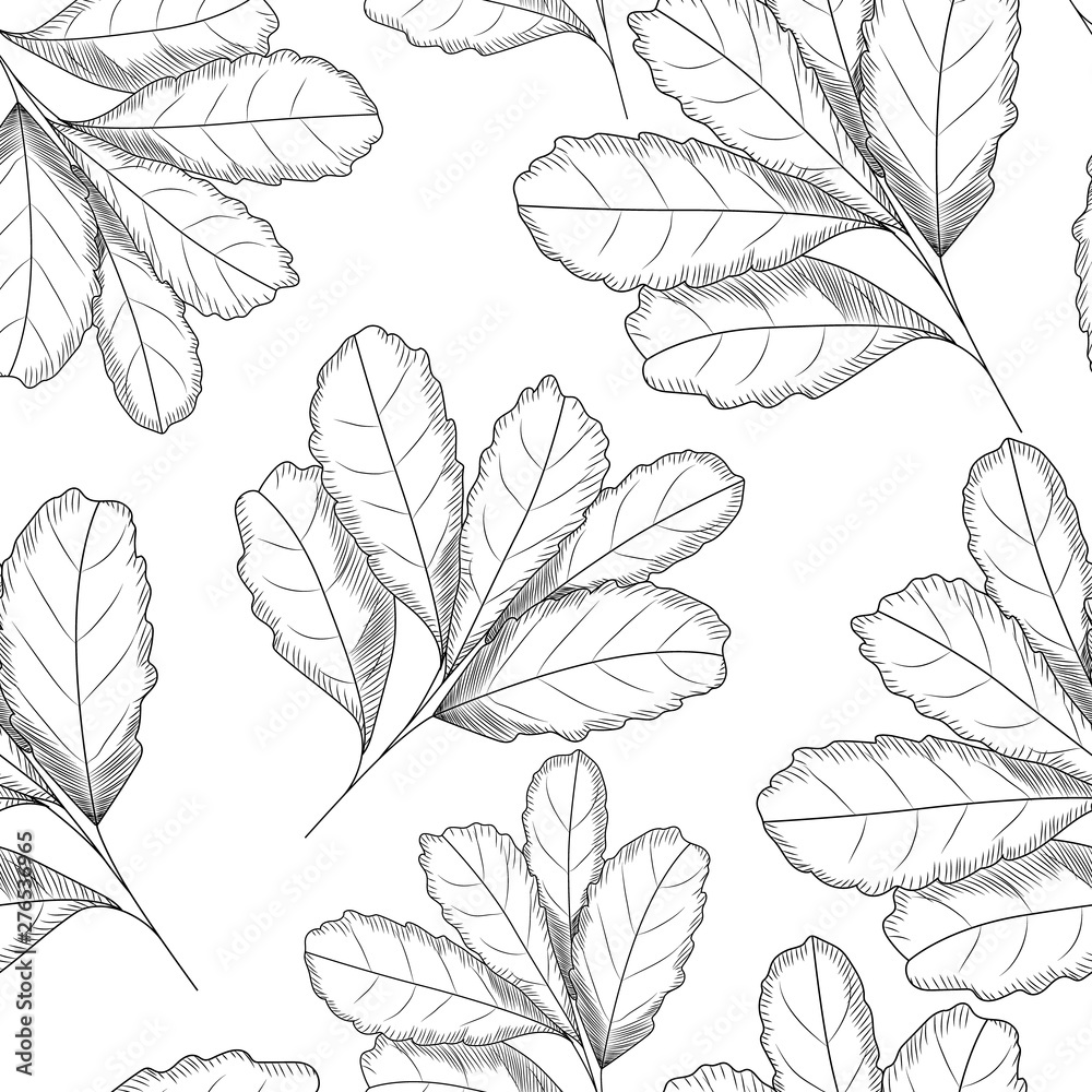 Leaf seamless pattern. Engraved style. Hand drawn vector illustration.