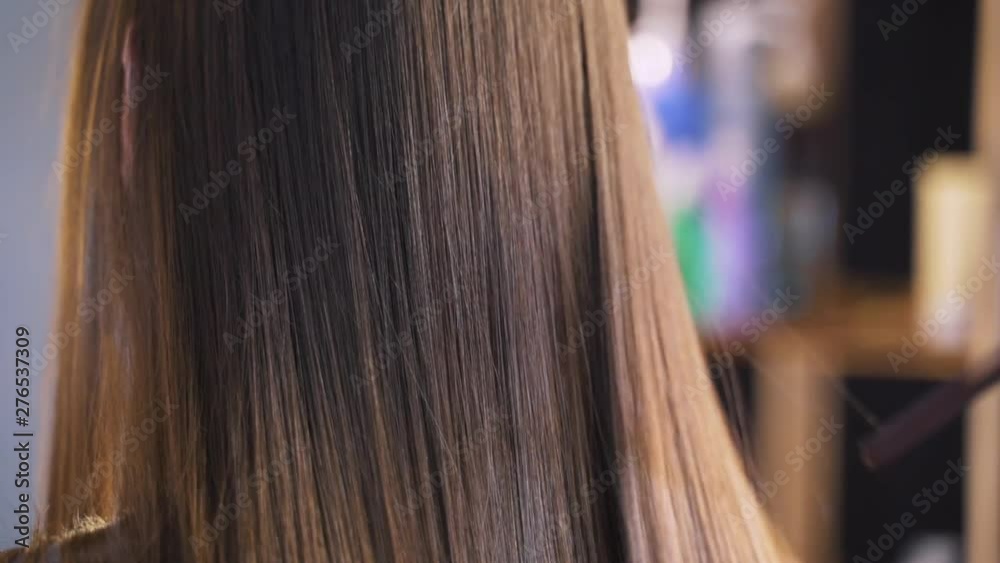 Long dark hair of a young girl. Brilliant and silky hair after keratin straightening. The effect of keratin, botox, straight hair. The concept of beauty salons, beauty. Long dark hair of a young girl. Brilliant and silky hair after keratin straightening. The effect of keratin, botox, straight hair. The concept of beauty salons, beauty.