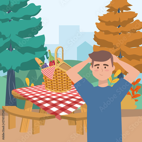 Man cartoon having picnic design