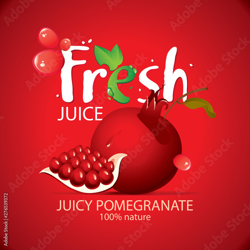 Vector banner or label for fresh pomegranate juice with garnet seeds and fruit, drops of juice and large lettering Fresh on the red background