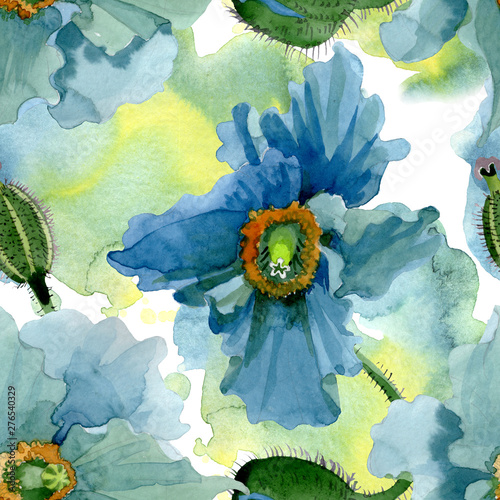 Blue poppy floral botanical flowers. Watercolor background illustration set. Seamless background pattern.