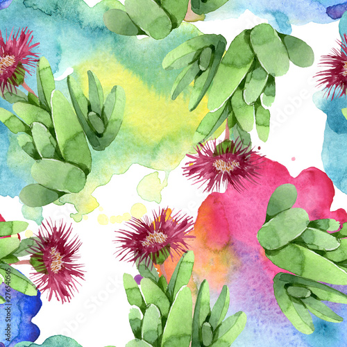 Green cactus floral botanical flower. Watercolor background illustration set. Seamless background pattern.