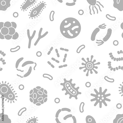 Bacteria  microbe  virus glyph vector seamless pattern. Microscopic bacterium and bacillus collection  isolated on white background