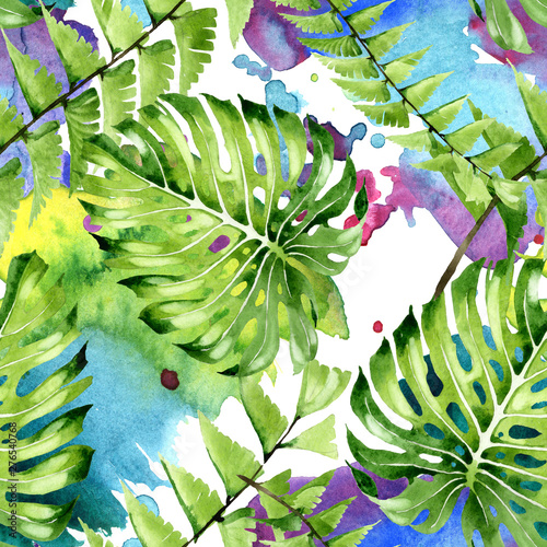 Palm beach tree leaves jungle botanical. Watercolor background illustration s...