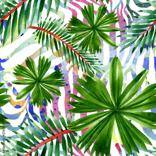 Palm beach tree leaves jungle botanical. Watercolor background illustration s...