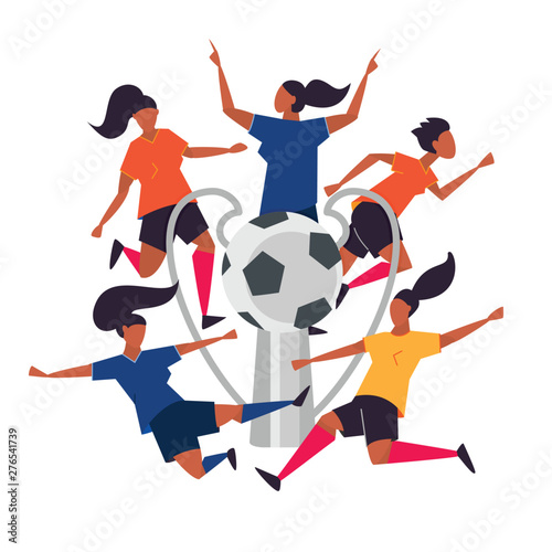 Championship cup. Woman soccer players. Football vector illustration.
