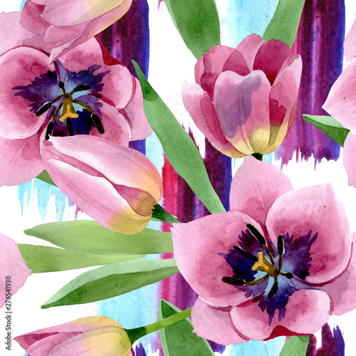 Pink tulips floral botanical flowers. Watercolor background illustration set....