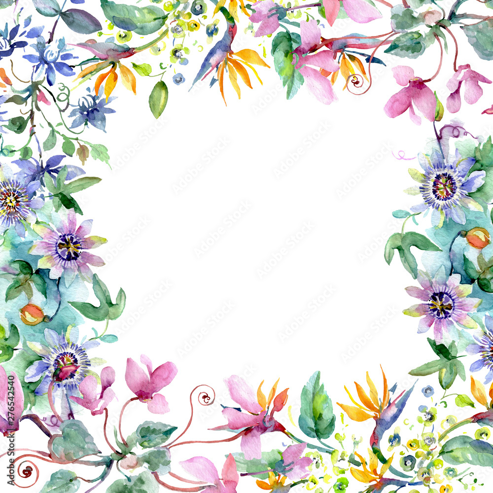 Bouquet floral botanical flowers. Watercolor background illustration set. Frame border ornament square.
