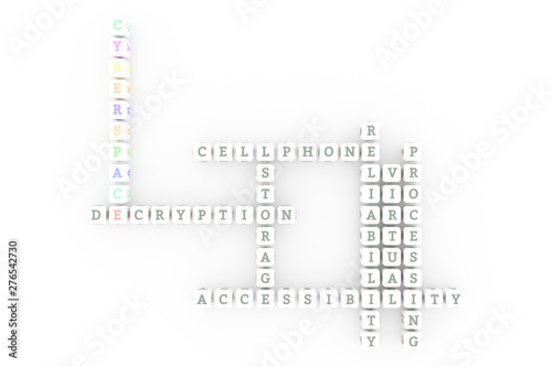 Cyberspace, ict keyword crossword. For web page, graphic design, texture or background. 3D rendering.