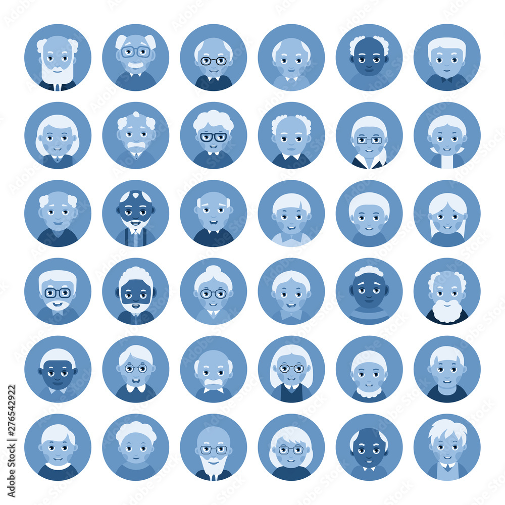 Avatar user old people. Modern flat icon with head user elderly people. Web icon set. Group of characters happy smiling men and women. Concept for web design and internet communication. Flat style Avatar user old people. Modern flat icon with head user elderly people. Web icon set. Group of characters happy smiling men and women. Concept for web design and internet communication. Flat style