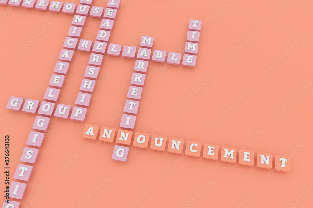 Announcement, business keyword crossword. For web page, graphic design, texture or background. 3D rendering.