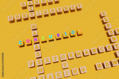 Confusion, business keyword crossword. For web page, graphic design, texture or background. 3D rendering.