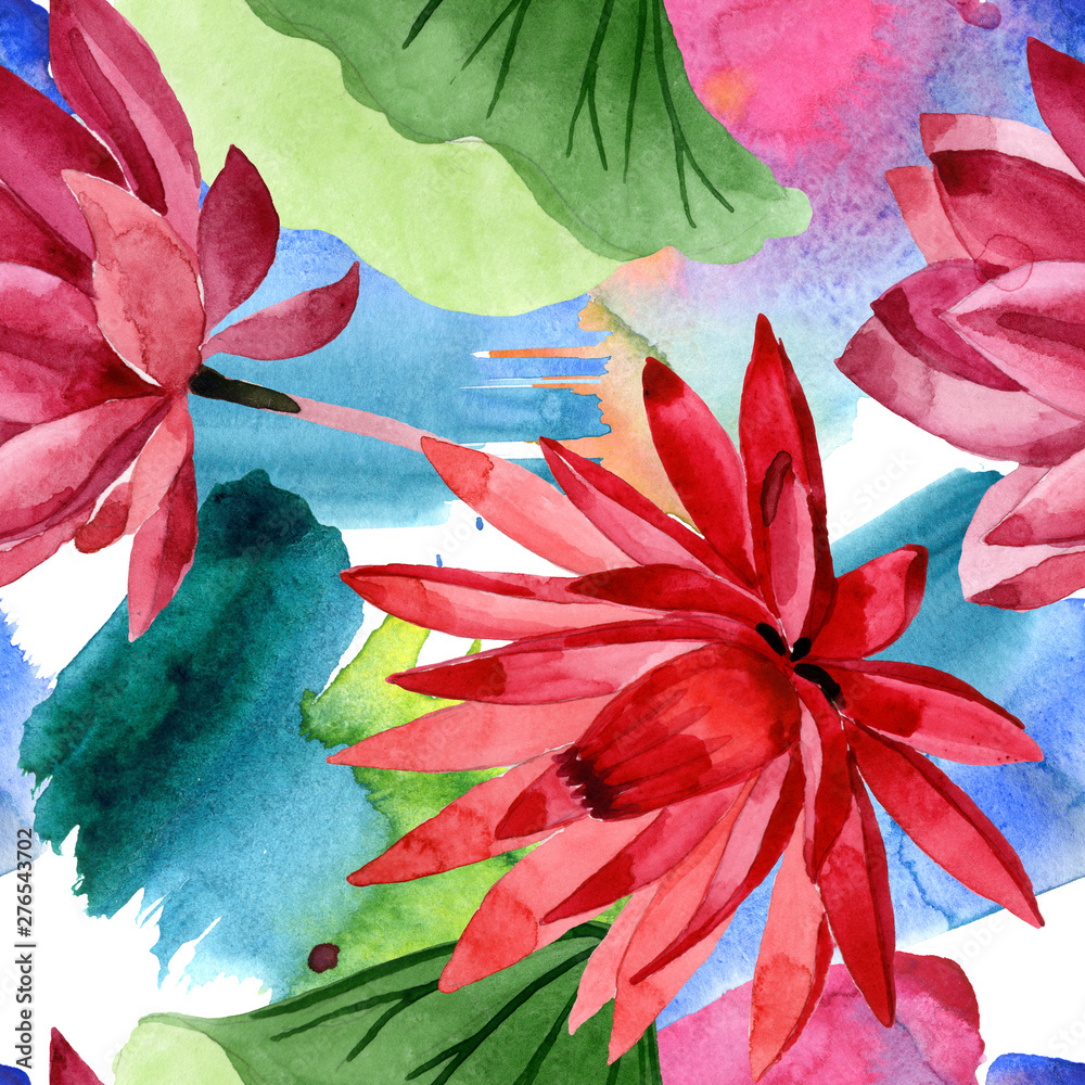Red lotus floral botanical flower. Watercolor background illustration set. Seamless background pattern.