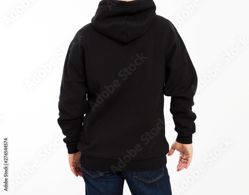 Rear view of hooded male man person isolated on white background with copy space mock up