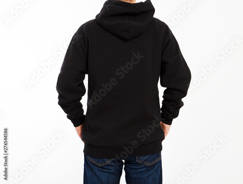 man in black sweatshirt on white background - male hoodie mock up, black hood blank