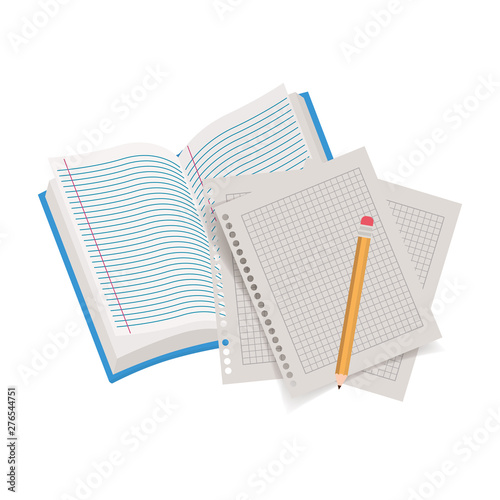books of school open with pencil on white background