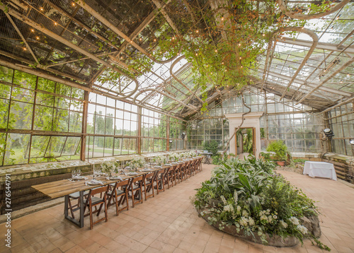 Retro room with glass walls and a ceiling with growing plants inside decorated for an Art Nouveau wedding ceremony