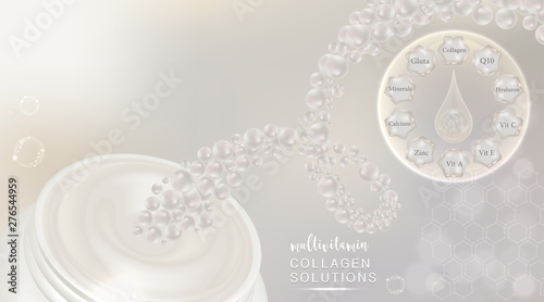 Beauty product ad design, white cosmetic container close up with multivitamins collagen solution concept advertising background ready to use, luxury skin care banner, illustration vector.