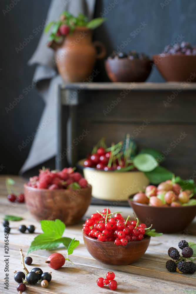 Ripe and sweet berries in bowls on table. Gooseberry, blackberry, cherry, red and black currant Ripe and sweet berries in bowls on table. Gooseberry, blackberry, cherry, red and black currant