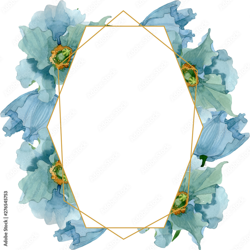 Blue poppy floral botanical flowers. Watercolor background illustration set. Frame border ornament square. - obrazy, fototapety, plakaty 