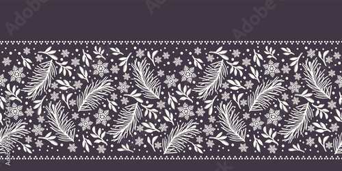 Hand drawn abstract Christmas foliage border pattern. Tiny tossed fir tree branch on white background. Cute winter holiday ribbon banner. Festive gift wrap washi tape illustration. Seamless vector