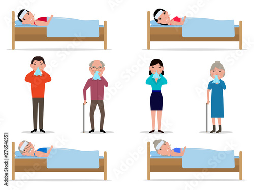 Set of cartoon sick people runny nose