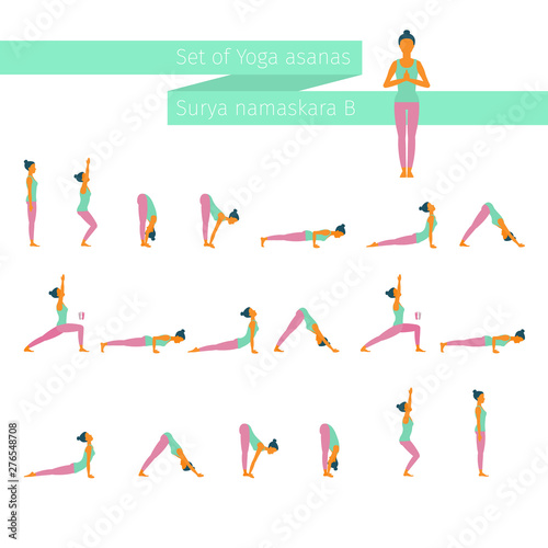 People cartoon character demonstrating various yoga positions.