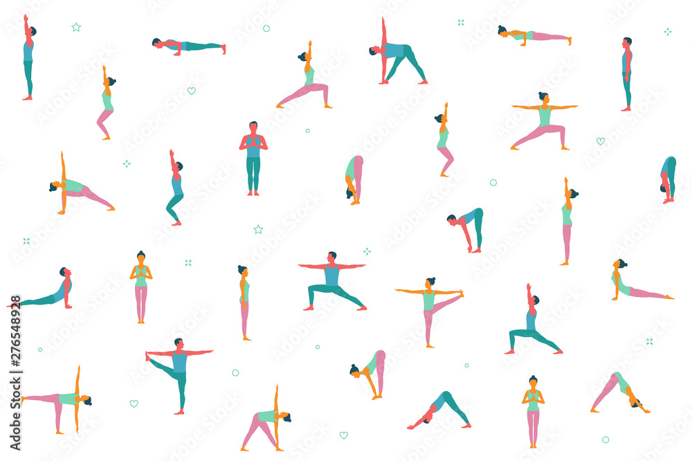 People cartoon character demonstrating various yoga positions.