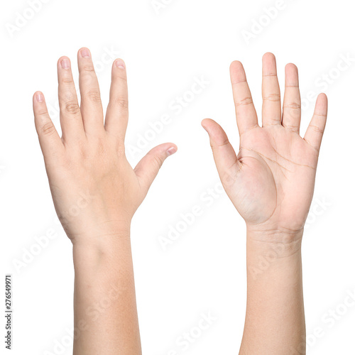 Right and left hands calling for help on white background