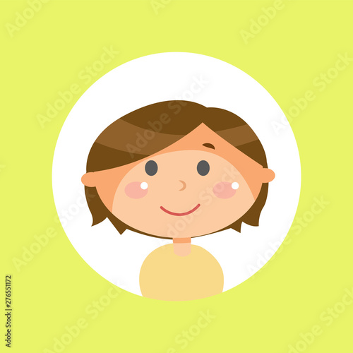 Schoolboy with long brown hair, child or kid avatar vector. Boy child with round head and plump cheeks, cartoon male character, friendly face expression