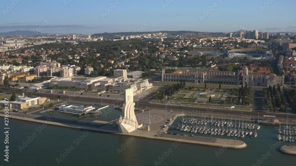 Monument of the Discoveries at sunrise, Lisbon, Portugal, Europe, 4k aerial drone view
