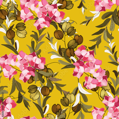 Hand drawn leaf and flower texture.Seamless floral pattern. Vector tropical geometric print. Memphis colorful template on yellow background.
