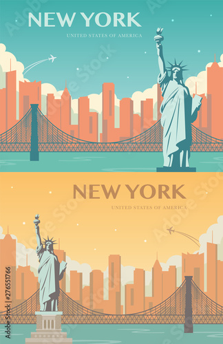 Statue of Liberty banner set. World landmark. American symbol. New York city. Vector