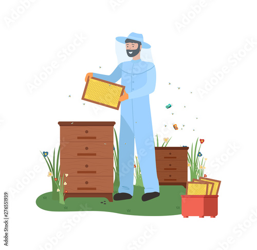Apiarist working with bees vector, farming and beekeeping hobby business of man wearing special protective costume, beehive with honey farmer isolated