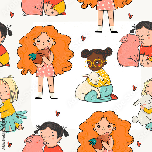 Friends not food. Be kind go vegan. Cruelty free, vegan concept. Cute little girls with various animals. Hand drawn vector colored trendy illustration. Flat design. Seamless pattern