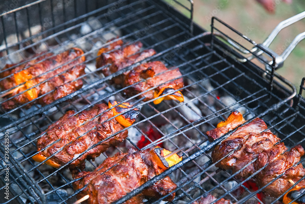 Meat on grill. BBQ. Grilled Pork Meat over the Coals on a Barbecue. Picnic Party.