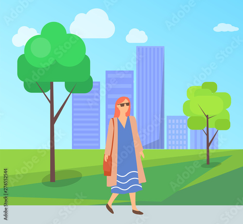 Pretty woman on walk in city park, female in sunglasses, long blue dress having fun outdoors. Vector fashionable lady in summer or spring cloth walking on nature