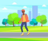 Boy rollerblading in casual clothes, man wearing helmet in city park, trees and buildings. Vector person character going in rollerblades, urban activity