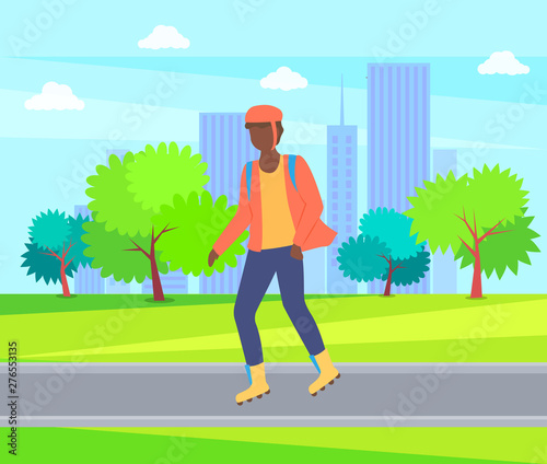 Boy rollerblading in casual clothes, man wearing helmet in city park, trees and buildings. Vector person character going in rollerblades, urban activity