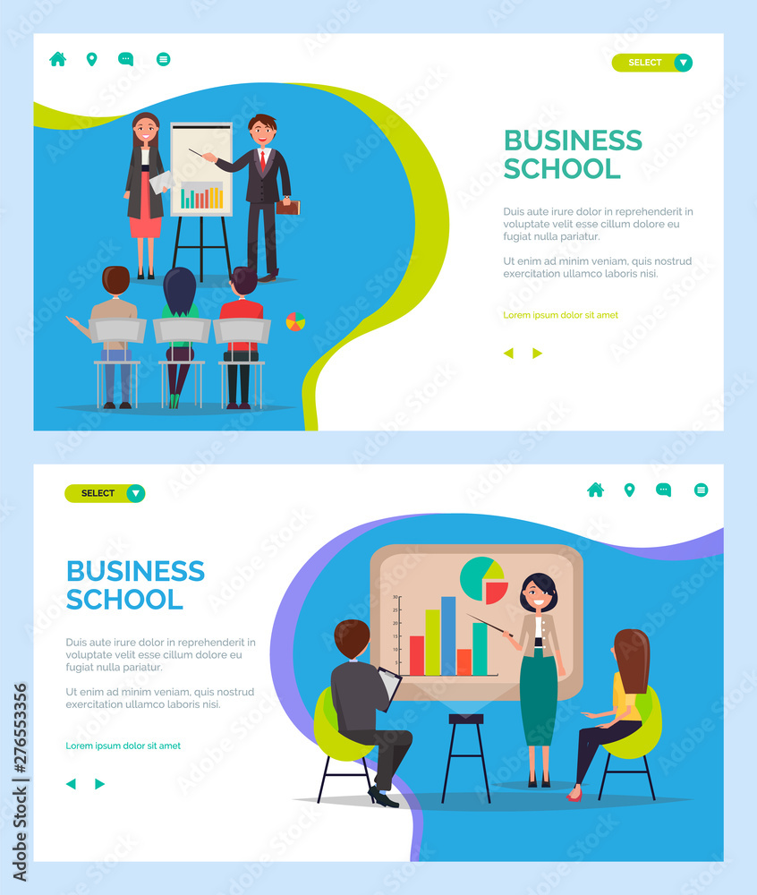 Business school vector, people on seminar with coaches, presenters with whiteboard and infocharts, visual data on board to explain students. Website or webpage template, landing page flat style Business school vector, people on seminar with coaches, presenters with whiteboard and infocharts, visual data on board to explain students. Website or webpage template, landing page flat style