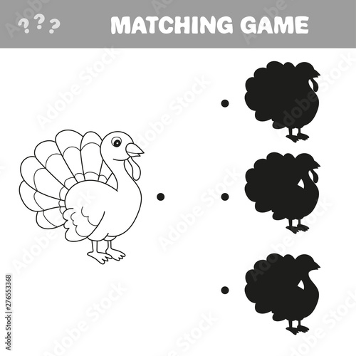 Find the correct shadow - turkey, farm bird. Find the right shadow image. Educational games for kids.